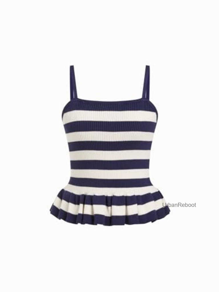 Ruffle Square Neck Knit Tank Top Striped Sleeveless Crop Peplum